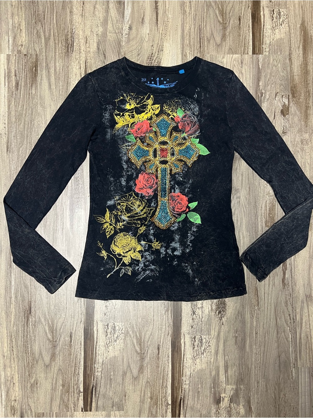Rock & Roll Cowgirl Rhinestone Gothic Cross Roses Long Sleeve Shirt Size S
